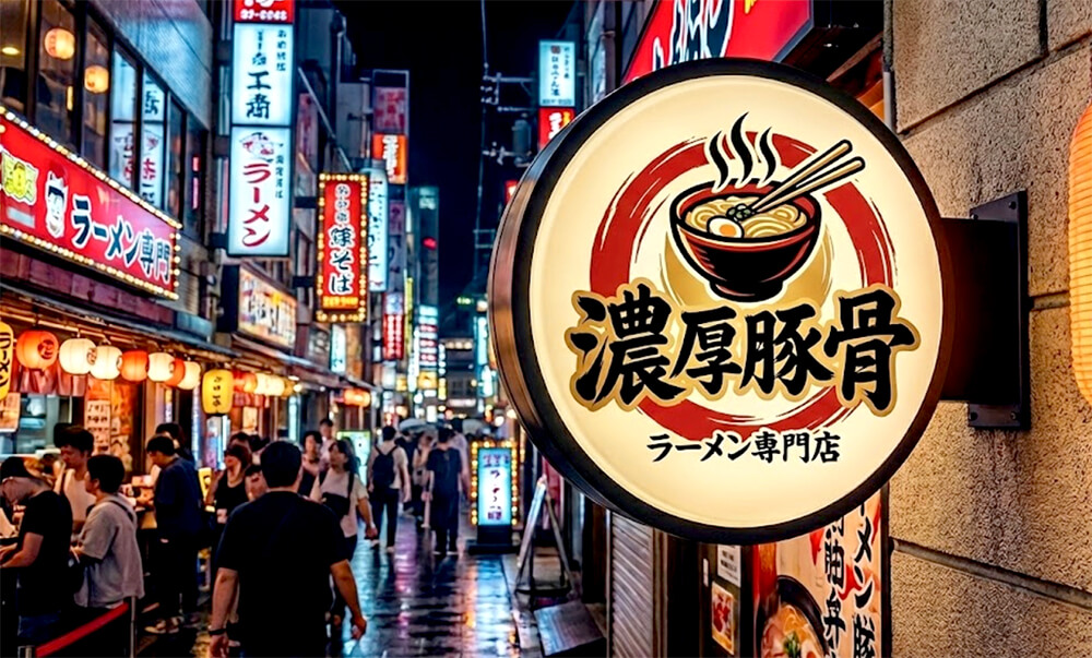 ラーメン店の壁面につけた突き出し看板