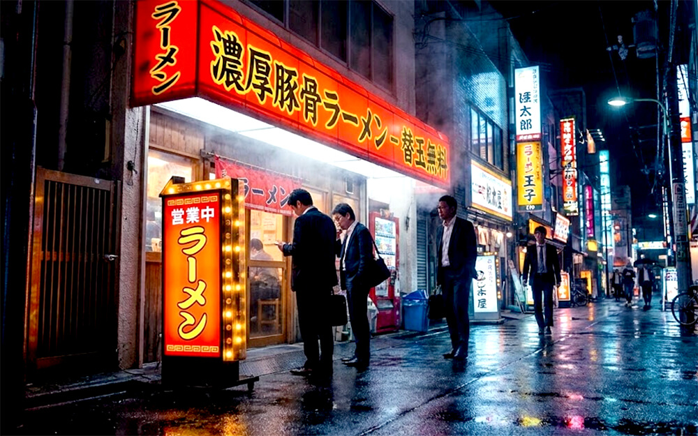 夜の大阪の繁華街で、赤く明るく光り輝く存在感抜群のラーメン店の電飾看板