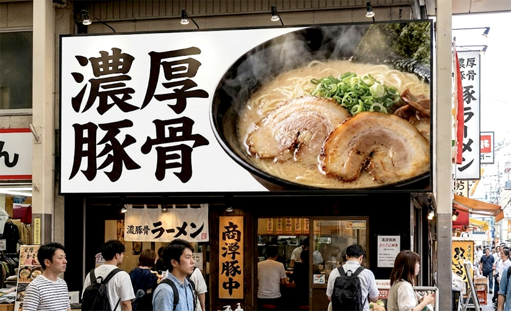 大阪の街中でひときわ目を引く、美味しそうなラーメンのシズル感あふれる写真看板