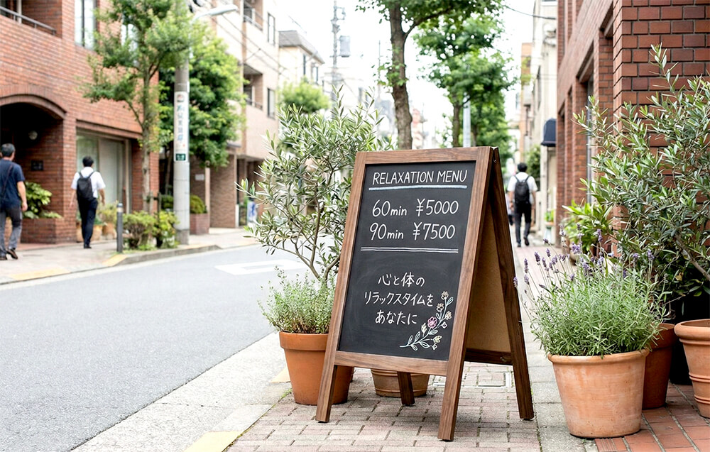 木目調でおしゃれなマッサージ店のA型スタンド看板とメニュー表