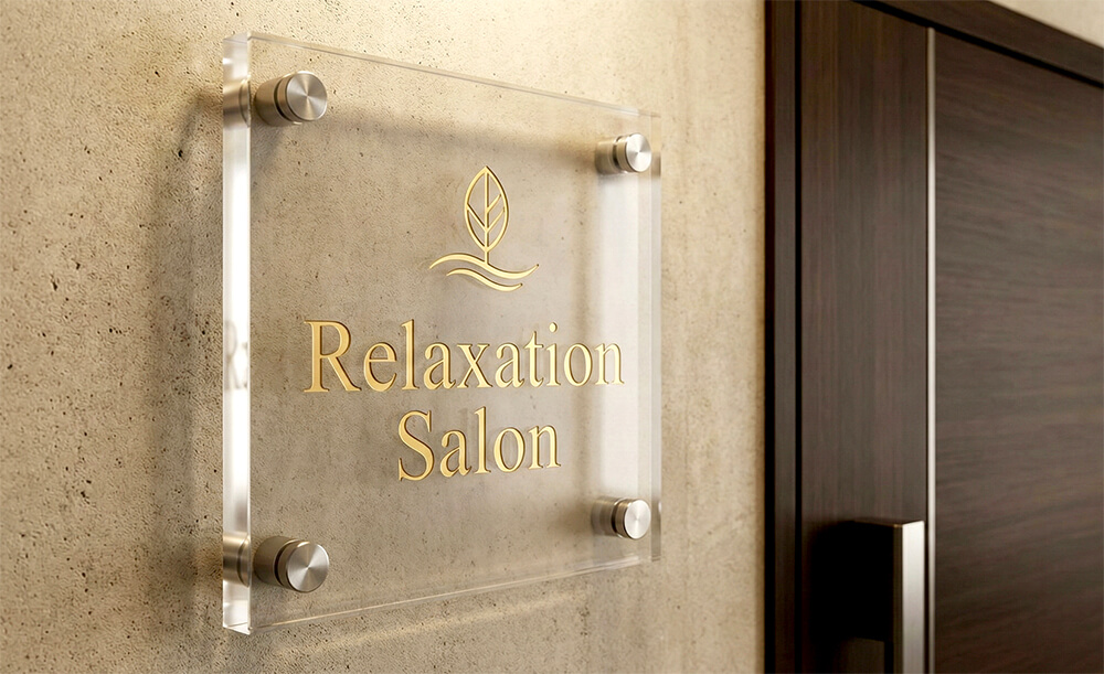 サロン入り口ドア横に設置された透明アクリルのおしゃれな看板プレート