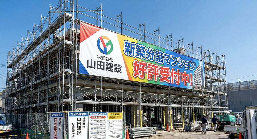 工事現場の足場に設置された鮮やかなターポリン幕