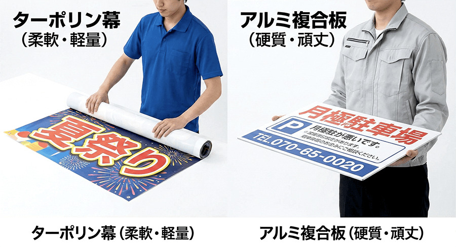 丸められるターポリン幕と硬いプレート看板の比較