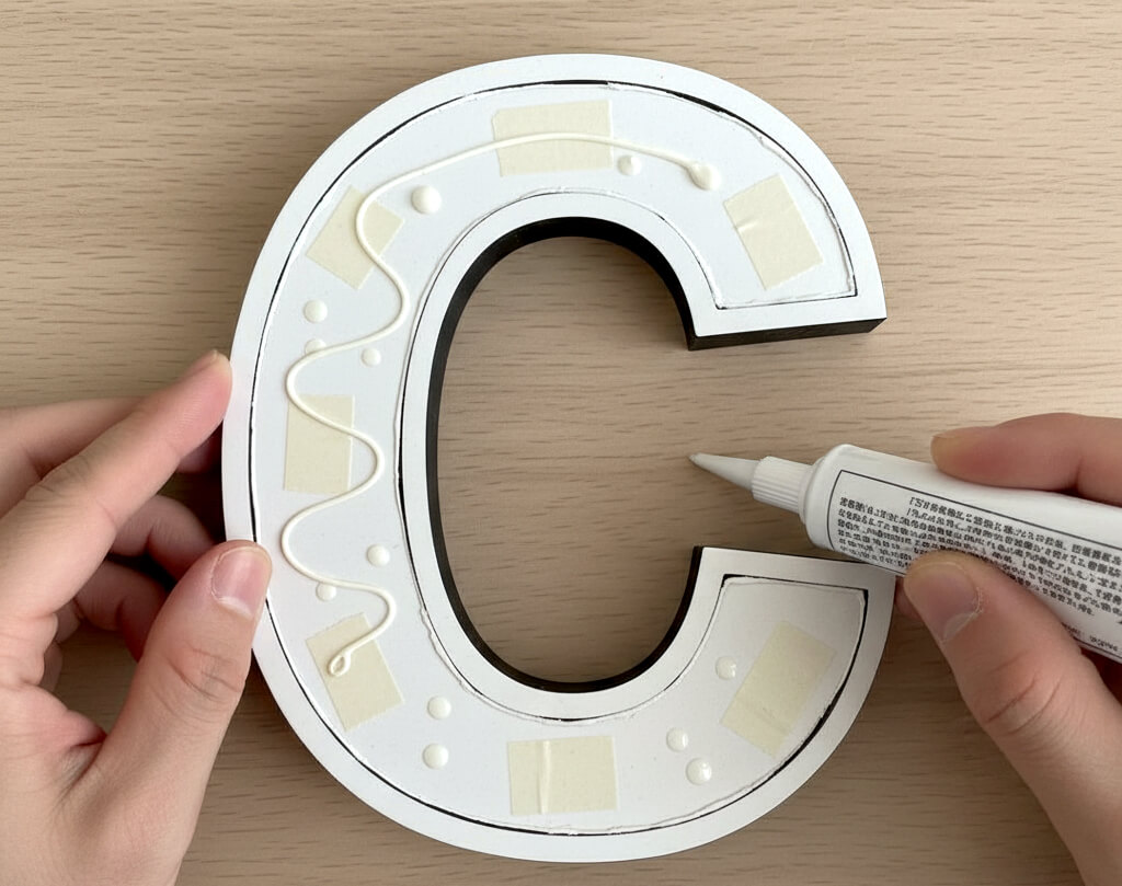 カルプ文字の裏面に、両面テープの内側へS字状に接着剤を細く乗せている手元のアップ画像