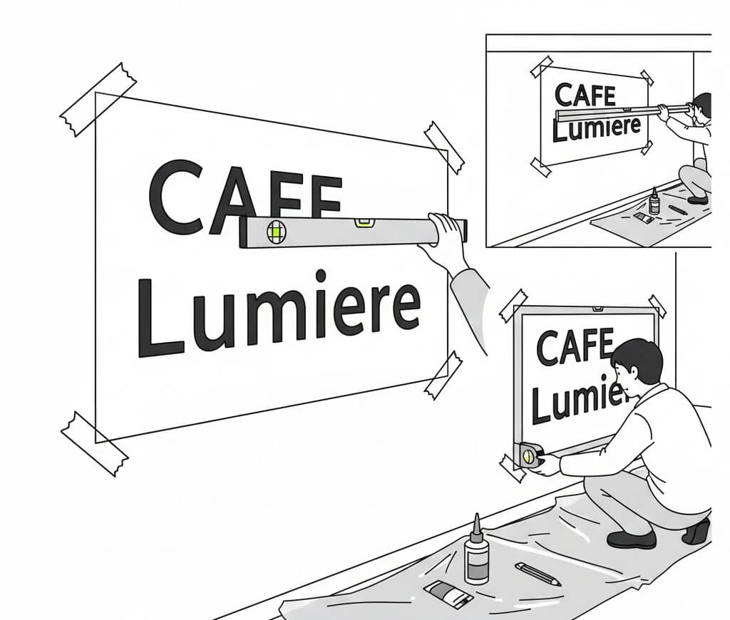 白い壁に取付原稿をマスキングテープで貼り付け、水平器で上端を確認している作業の様子を描いたイラスト。