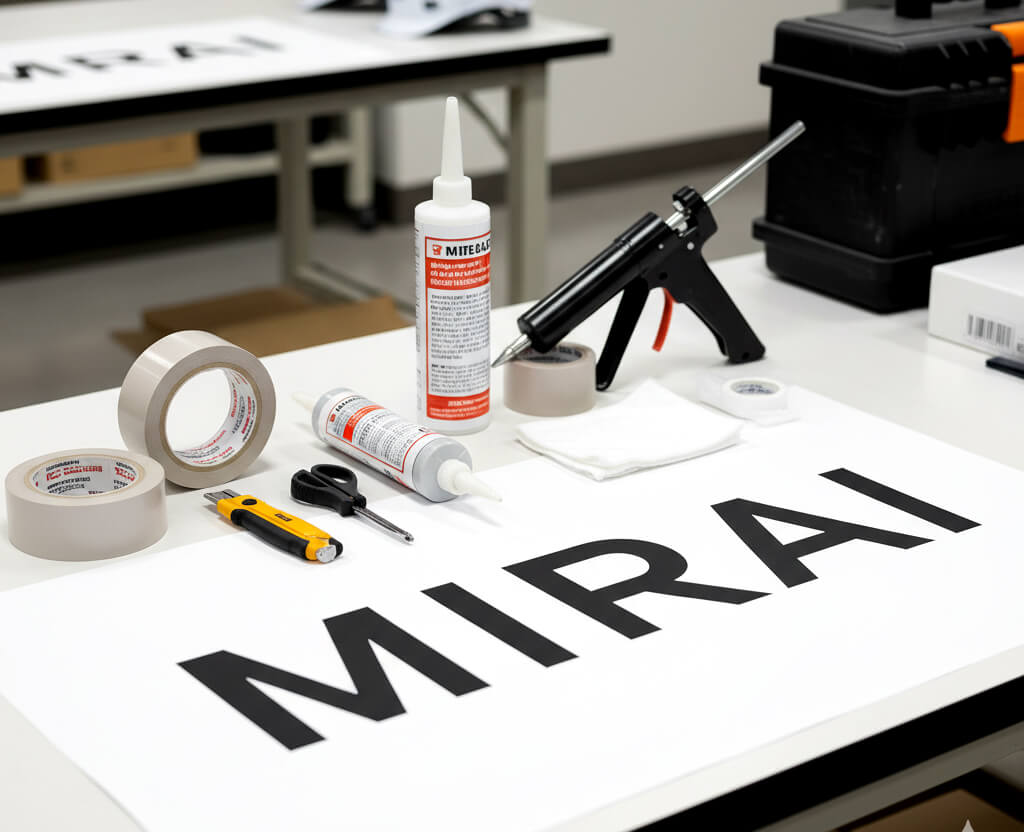 作業台の上に両面テープ・カートリッジ式接着剤・コーキングガン・マスキングテープ・カッターなどカルプ文字取付に必要な道具がきれいに並んでいる写真。