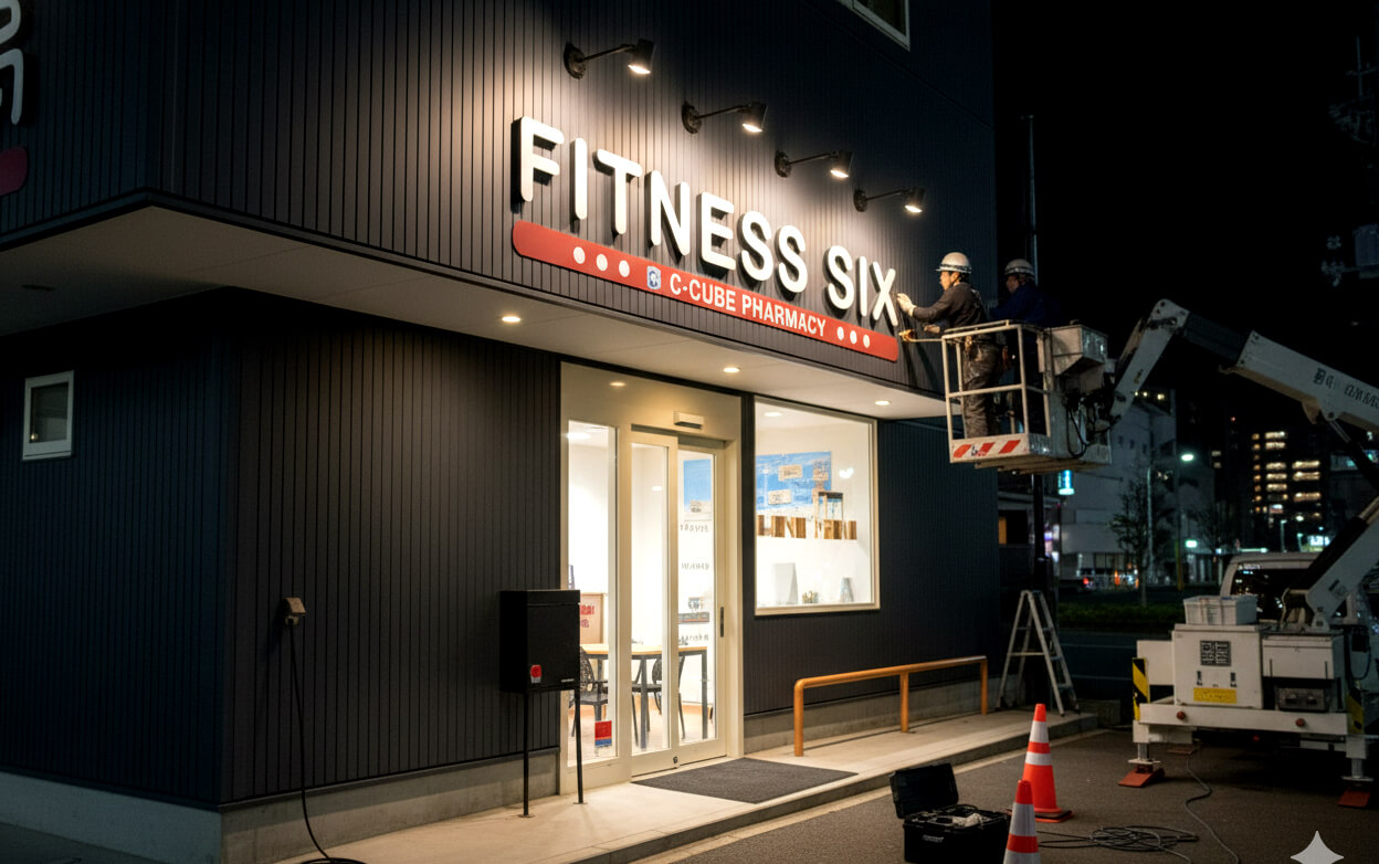 屋外のフィットネス事務の看板としてカルプ文字を取付けている画像