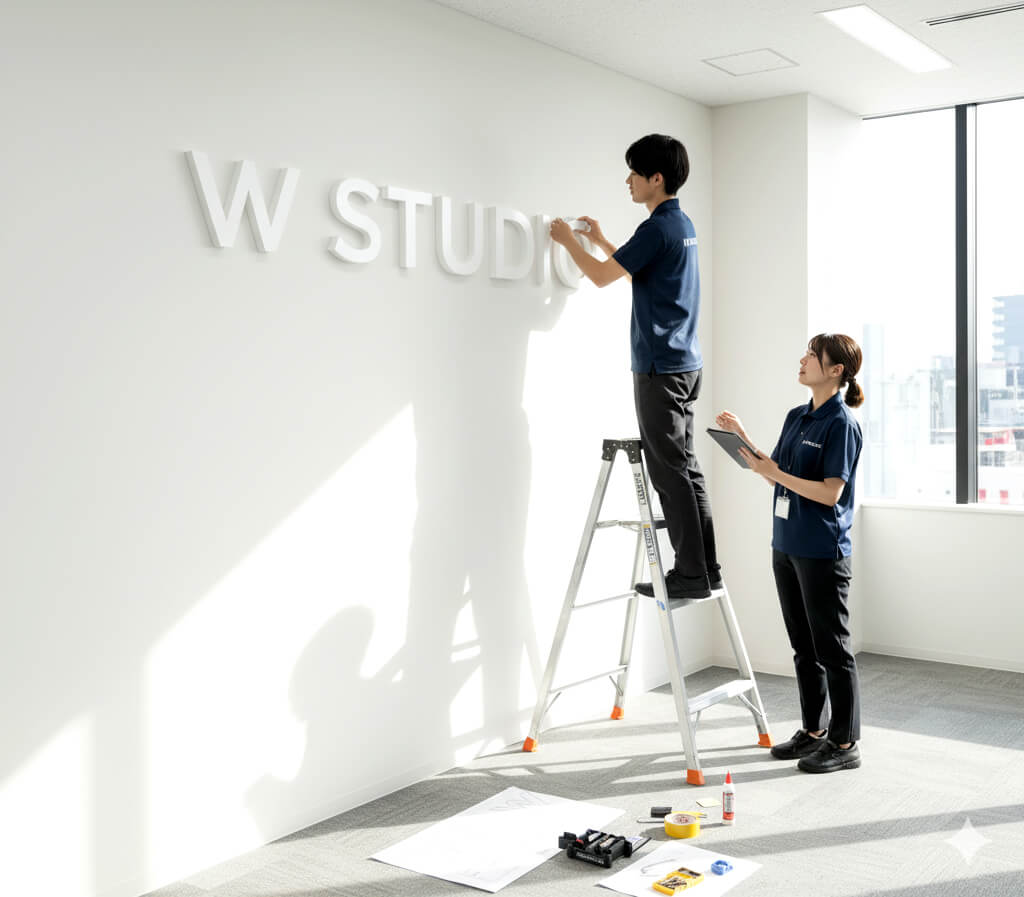 屋内の壁面へカルプ文字を取り付けている画像