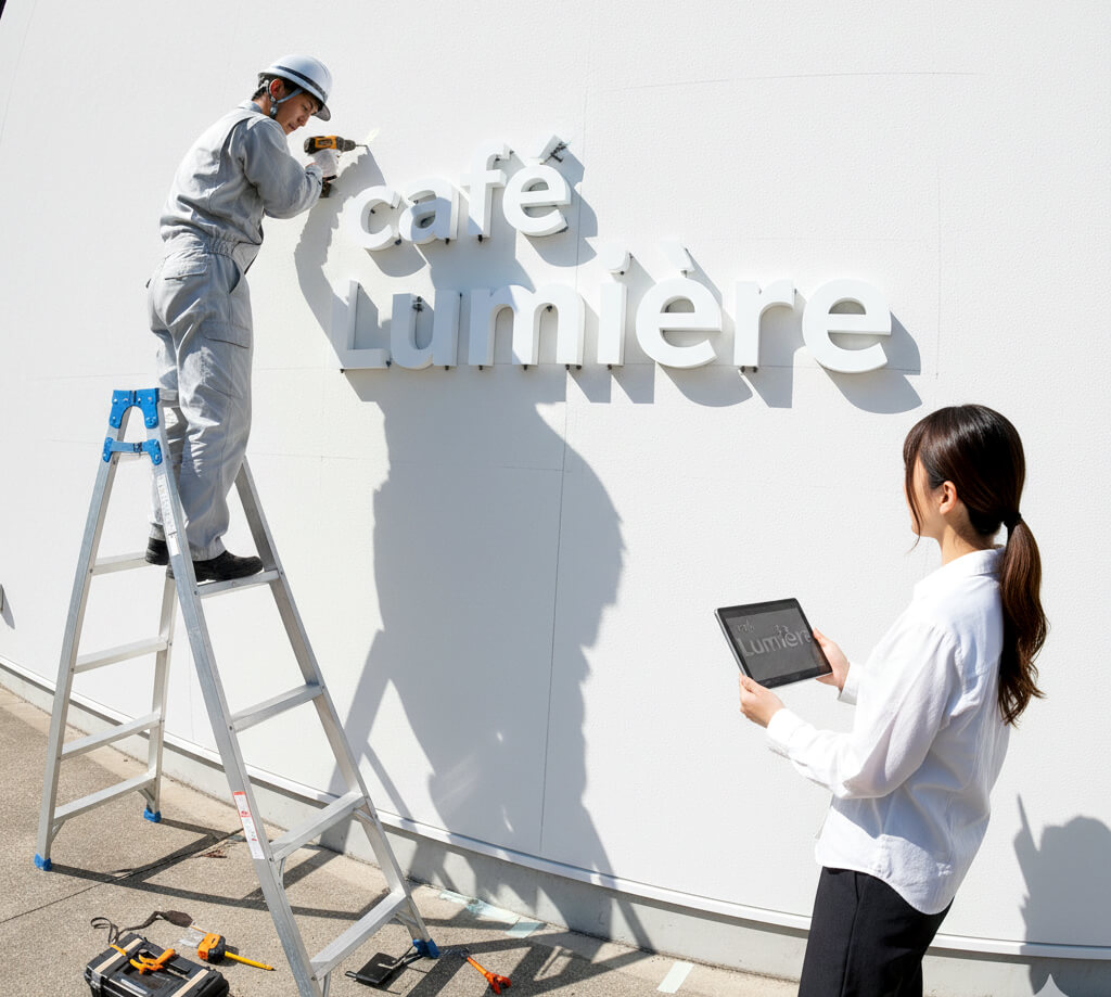白い壁にカルプ文字の店舗ロゴを取り付けている作業風景を斜めから撮影し画像