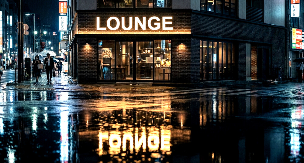 雨上がりの夜、濡れた路面にチャンネル文字看板の光が反射している様子を捉えた、印象的なクローズアップ写真。