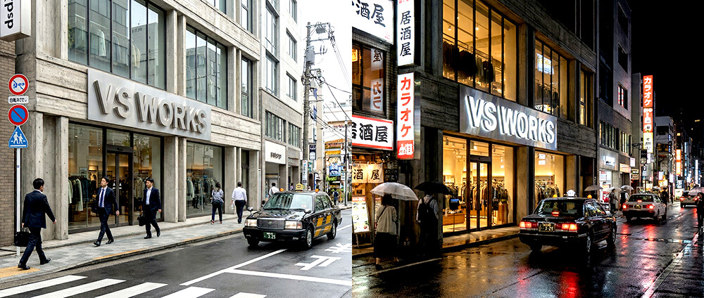 昼間と夜間の両方で、同じビル外観にチャンネル文字サインが付いている様子を比較したイメージ。昼は立体感、夜は発光で存在感が出ている。