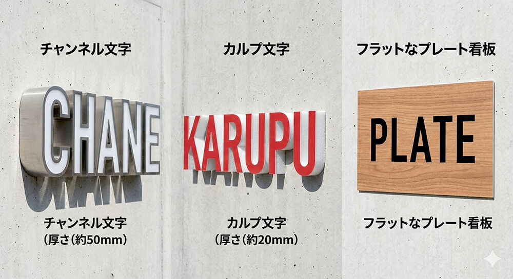 チャンネル文字・カルプ文字・フラットなプレート看板の3種類のサンプルが同じ壁面に並んでおり、立体感と質感の違いが一目で比較できる写真。