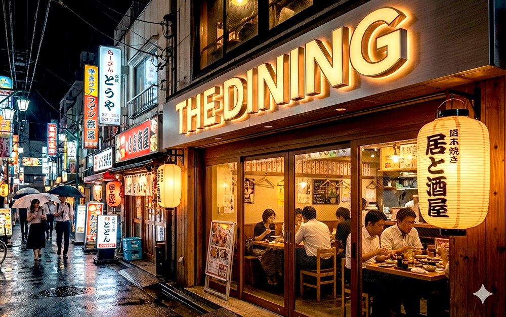 夜の路地に面した居酒屋の外観で、暖色系の正面発光チャンネル文字がにぎやかに光り、周囲の提灯やネオンと調和している写真。