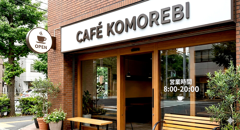 路面店ファサードにチャンネル文字、袖看板、ガラス面シートの3種類の看板がバランスよく配置されている店舗外観のモックアップ画像。