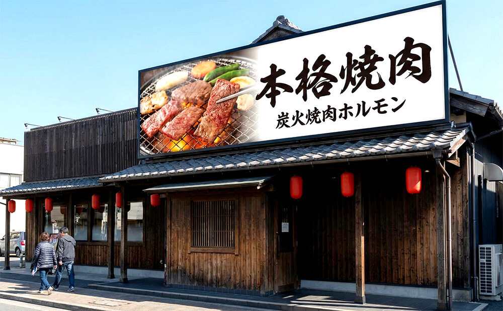焼肉屋の大きな写真入り看板の例