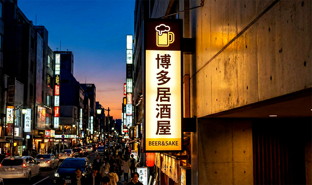 天神の通りにある居酒屋の突き出し看板の例