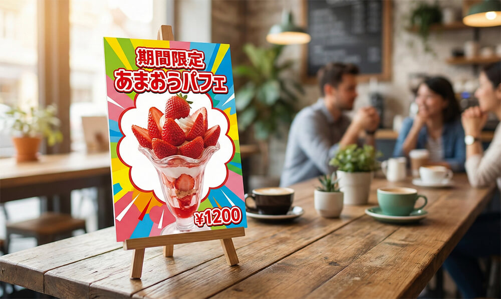 店内の壁に貼られた季節限定メニューのパネル例