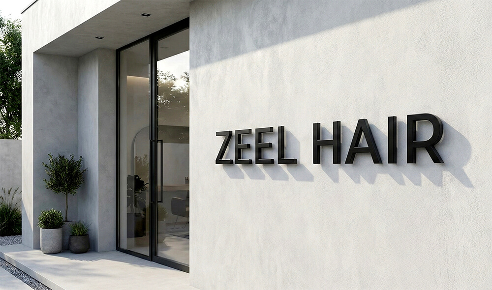 美容室のファサードデザイン：コンクリートの壁に設置された高級感のある黒色のステンレス切り文字の看板