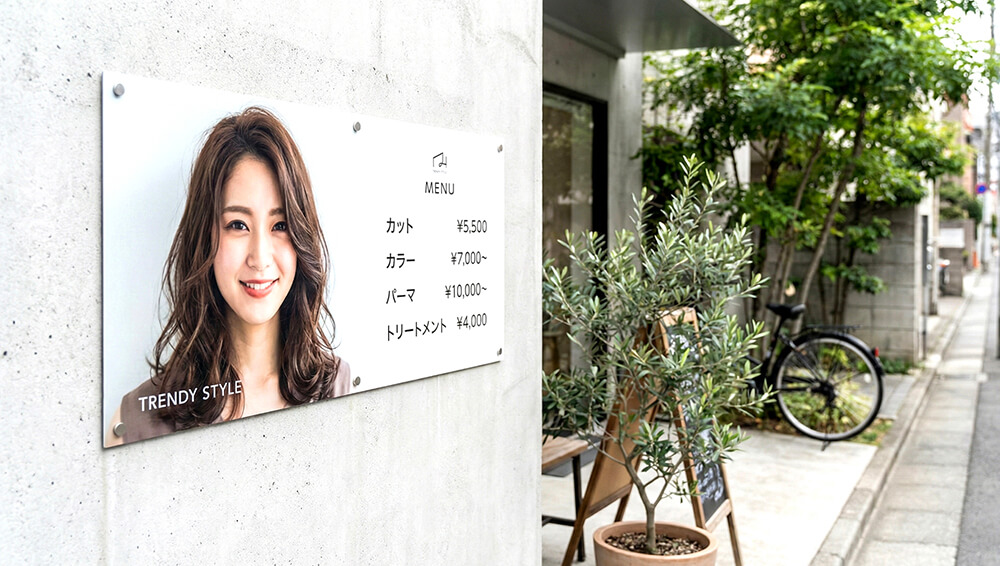 名古屋の美容室向け看板デザイン：ヘアスタイル写真とメニュー表を印刷したおしゃれなアルミ複合板看板