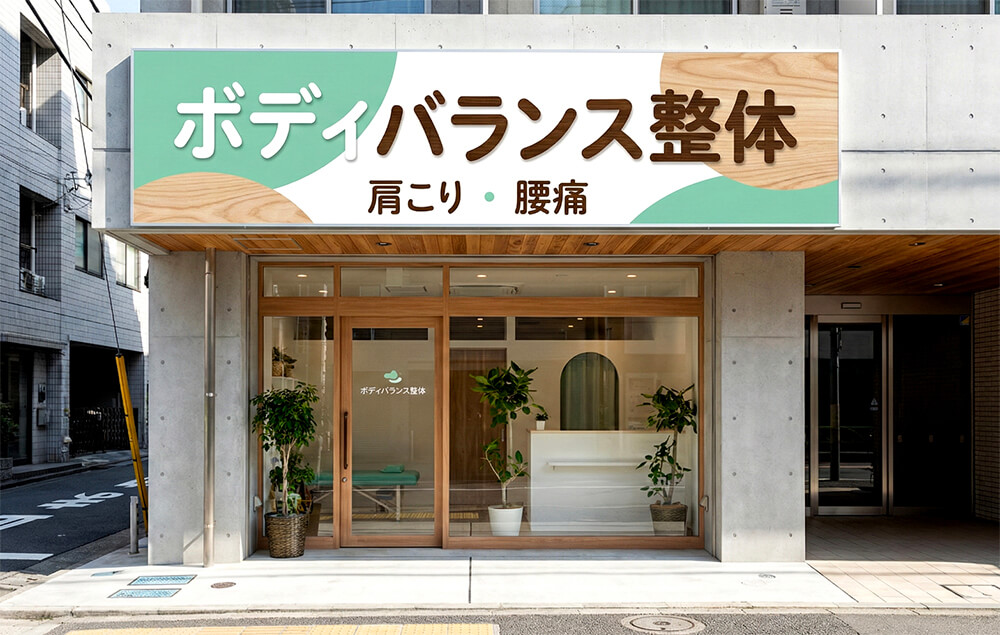 整体院の入り口上部に設置された清潔感のあるアルミ複合板のメイン看板