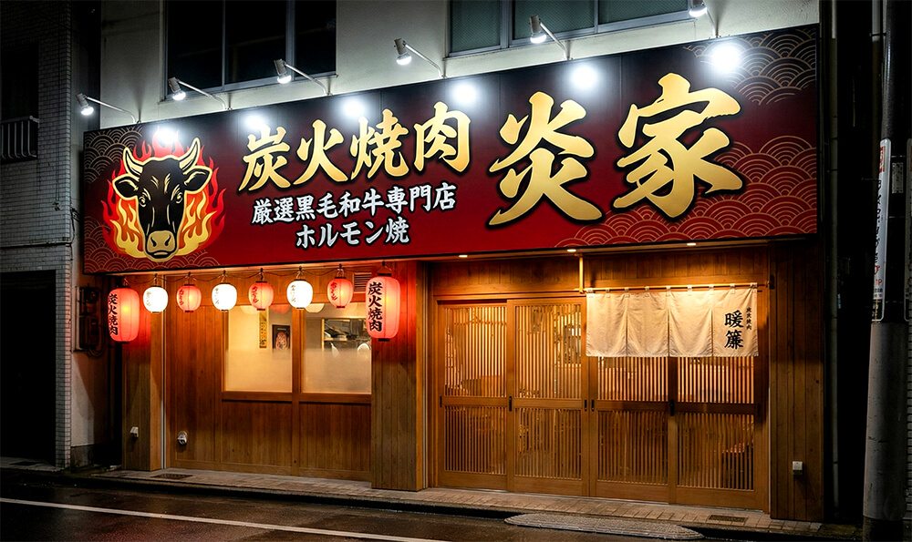 新宿の焼肉屋の外壁一面に設置された、シズル感たっぷりの肉の写真が入った大きなプレート看板