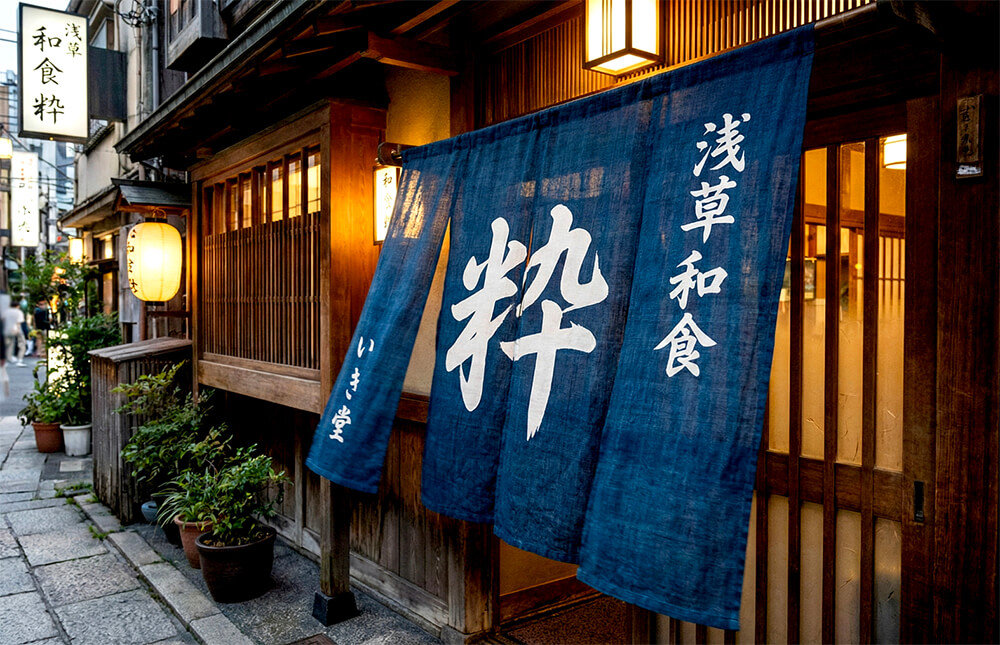 浅草の和風な店舗の入り口にかかっている大きな日除け幕。筆文字で店名が書かれ、和の風情がある
