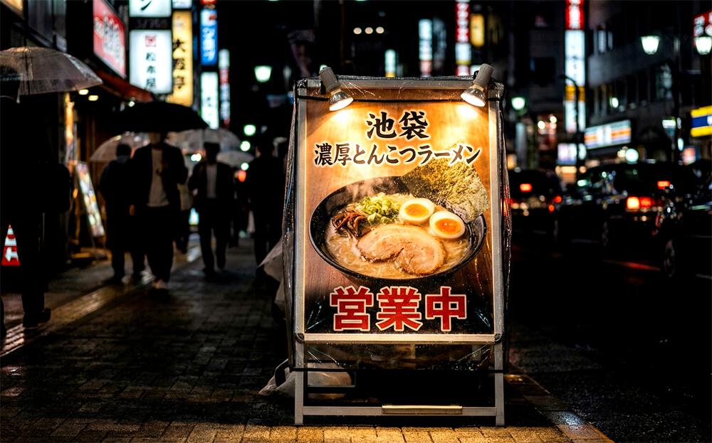池袋の夜の路上に置かれた、明るく光るラーメン屋のスタンド看板。湯気の立つラーメンが魅力的に光っている