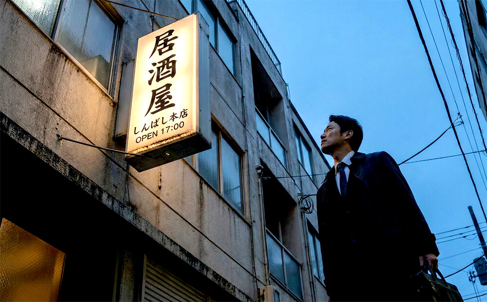 新橋の雑居ビルの3階付近から突き出している、光る居酒屋の袖看板。サラリーマンが見上げている構図