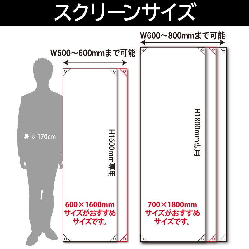 大サイズのスクリーンサイズはW600～800mm×H1800mmです
