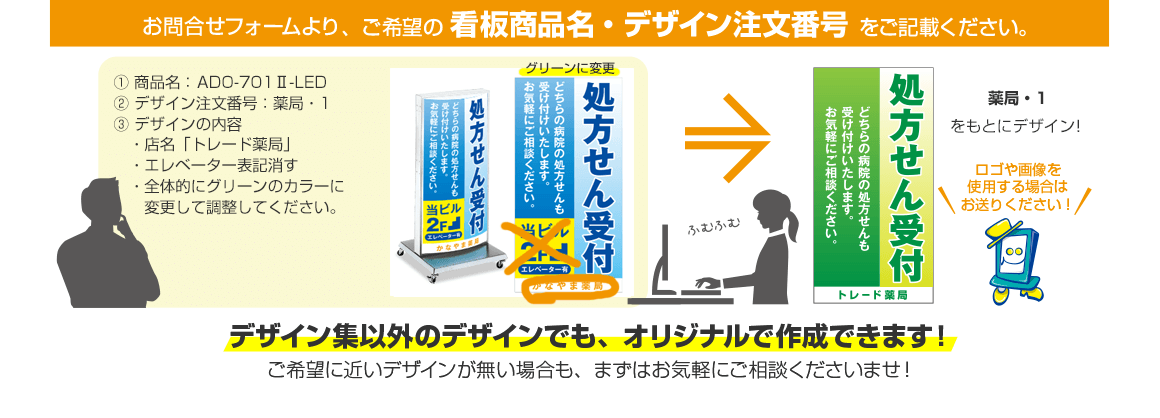 お問合せフォームより、ご希望の看板商品名・デザイン注文番号をご記載ください。