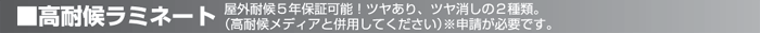 屋外耐候5年保証可能!ツヤあり、ツヤ消しの2種類。(高耐候メディアと併用してください)※申請が必要です。