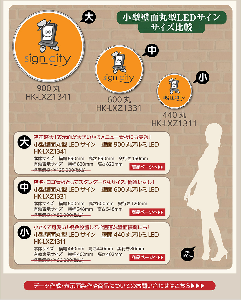 小型壁面丸型　LEDサイン　サイズ比較