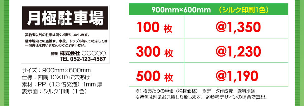 900mm×600mm（シルク印刷1色）の場合の参考価格の表