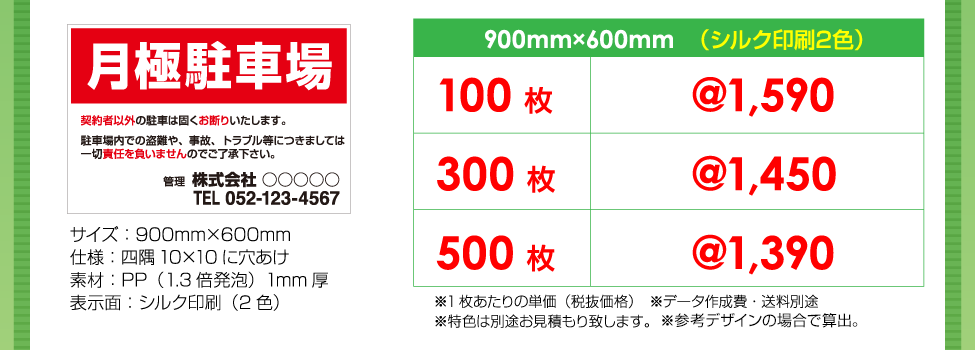 900mm×600mm（シルク印刷2色）の場合の参考価格の表