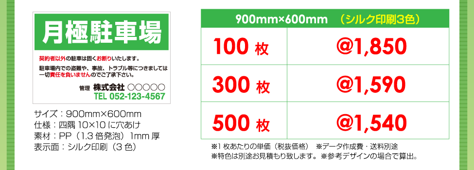 900mm×600mm（シルク印刷3色）の場合の参考価格の表