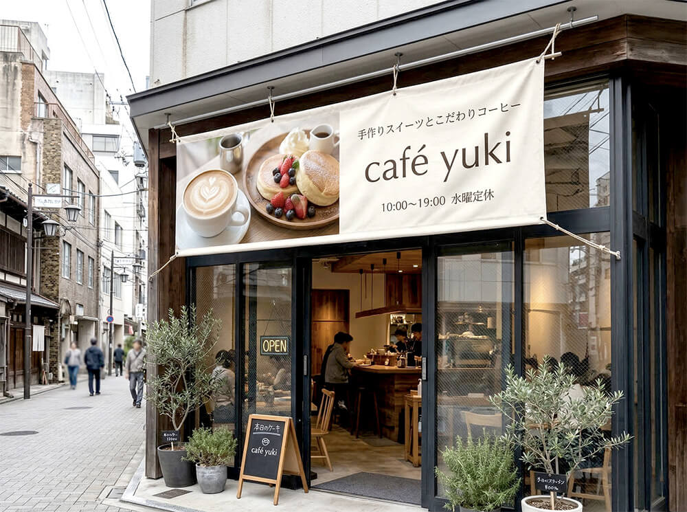 カフェへの店頭幕設置事例|看板通販サインシティ